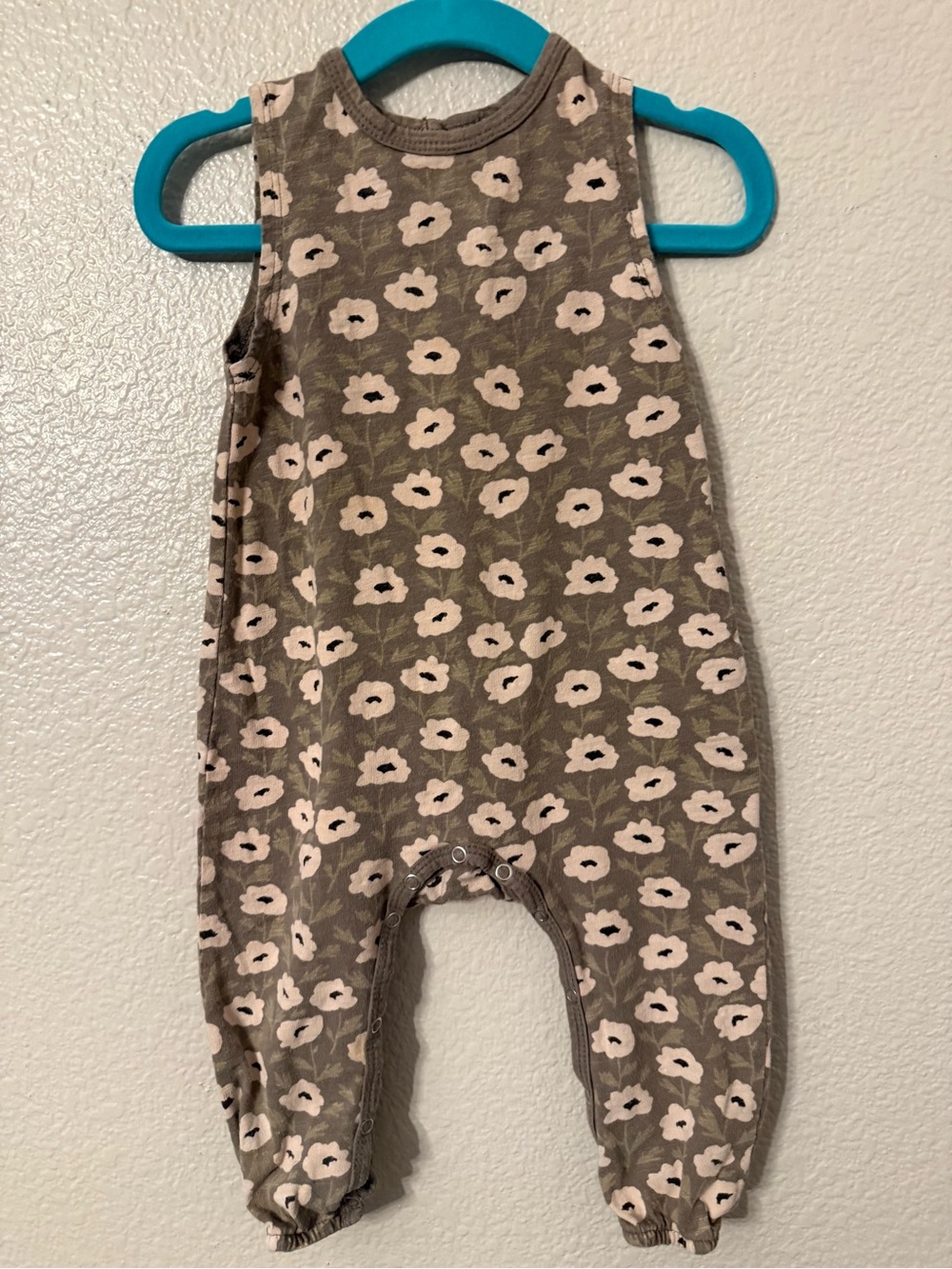 Rylee + Cru Taupe Romper with Pink Floral Print